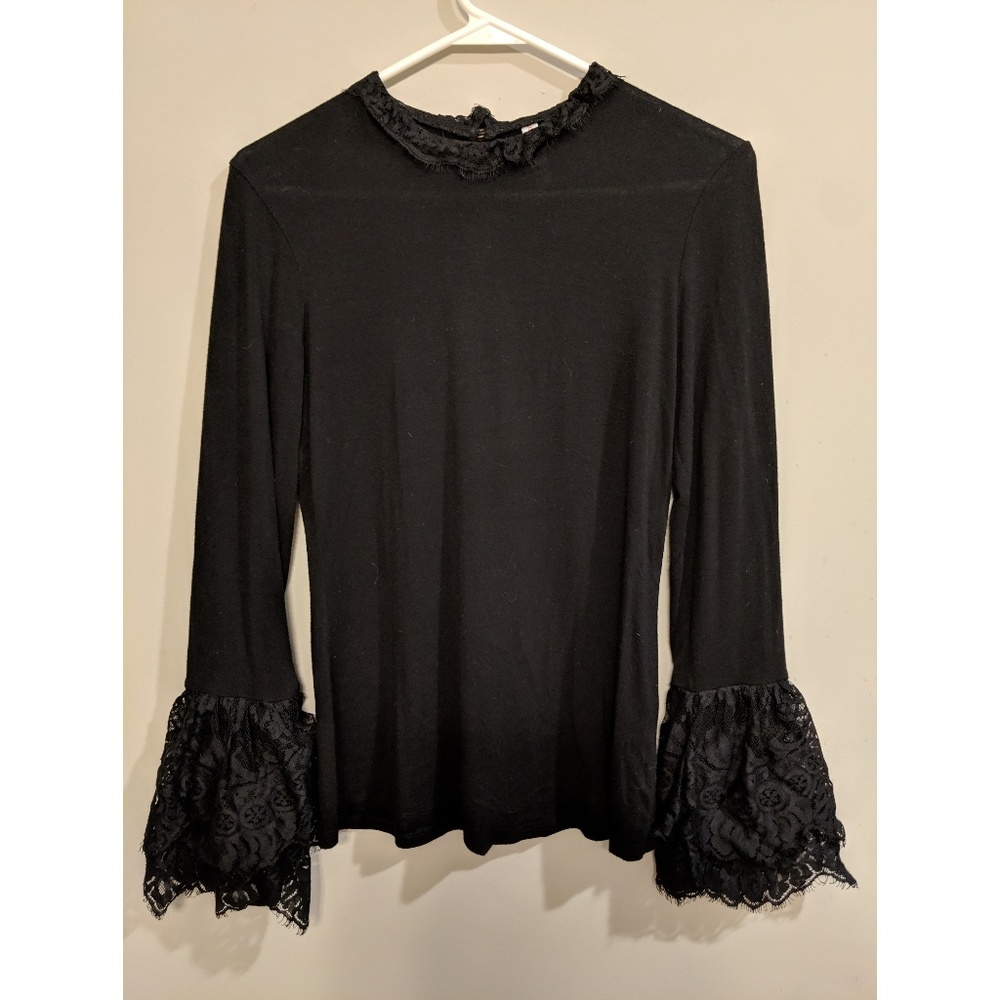 Fitted Black Top with Lace Bell Sleeves